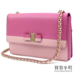 Salvatore Ferragamo Vara Ribbon Flap Shoulder Bag Pink White Calf Leather